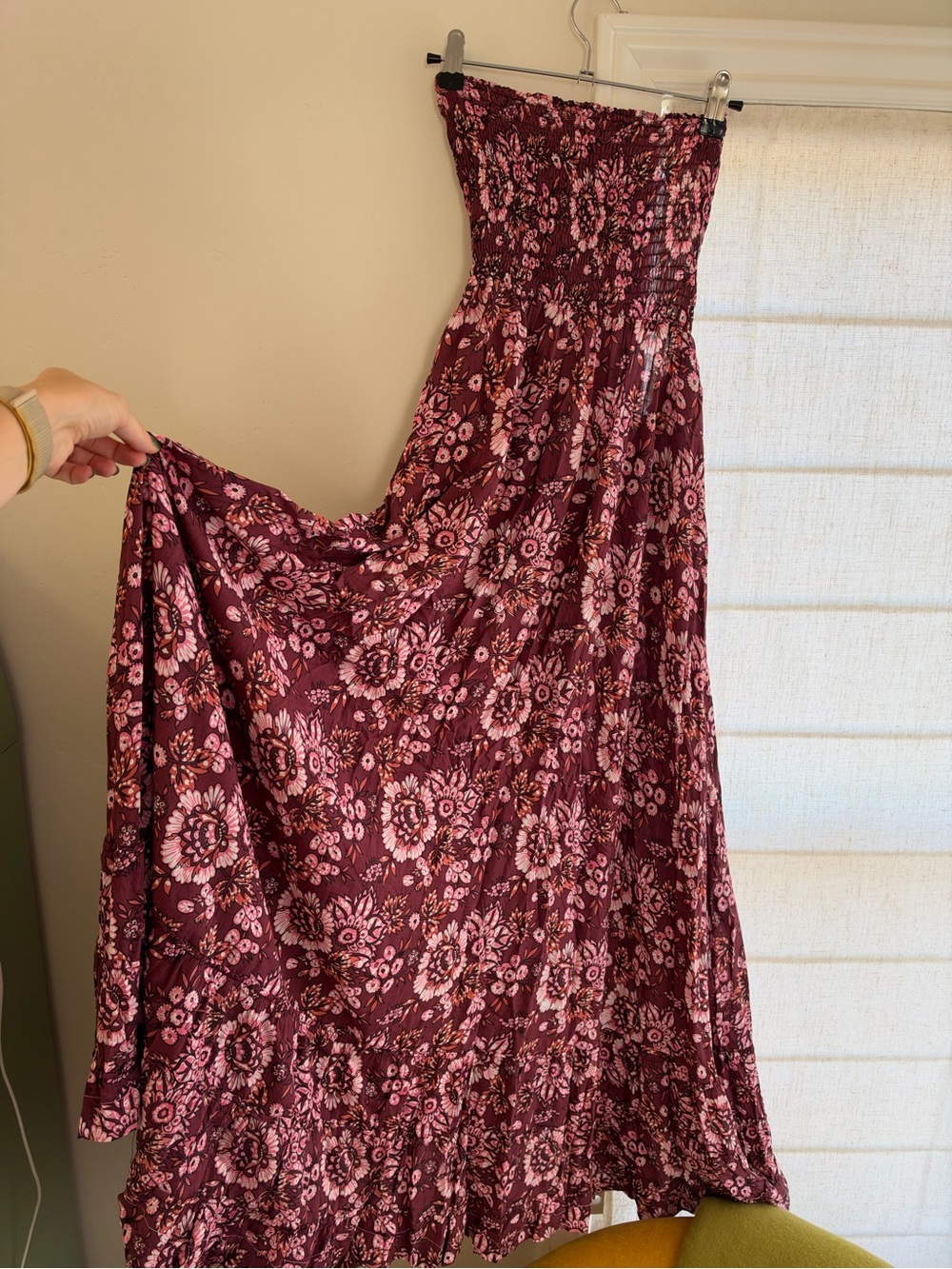 Tiare Hawaii Burgundy and Pink Floral Strapless Maxi Dress